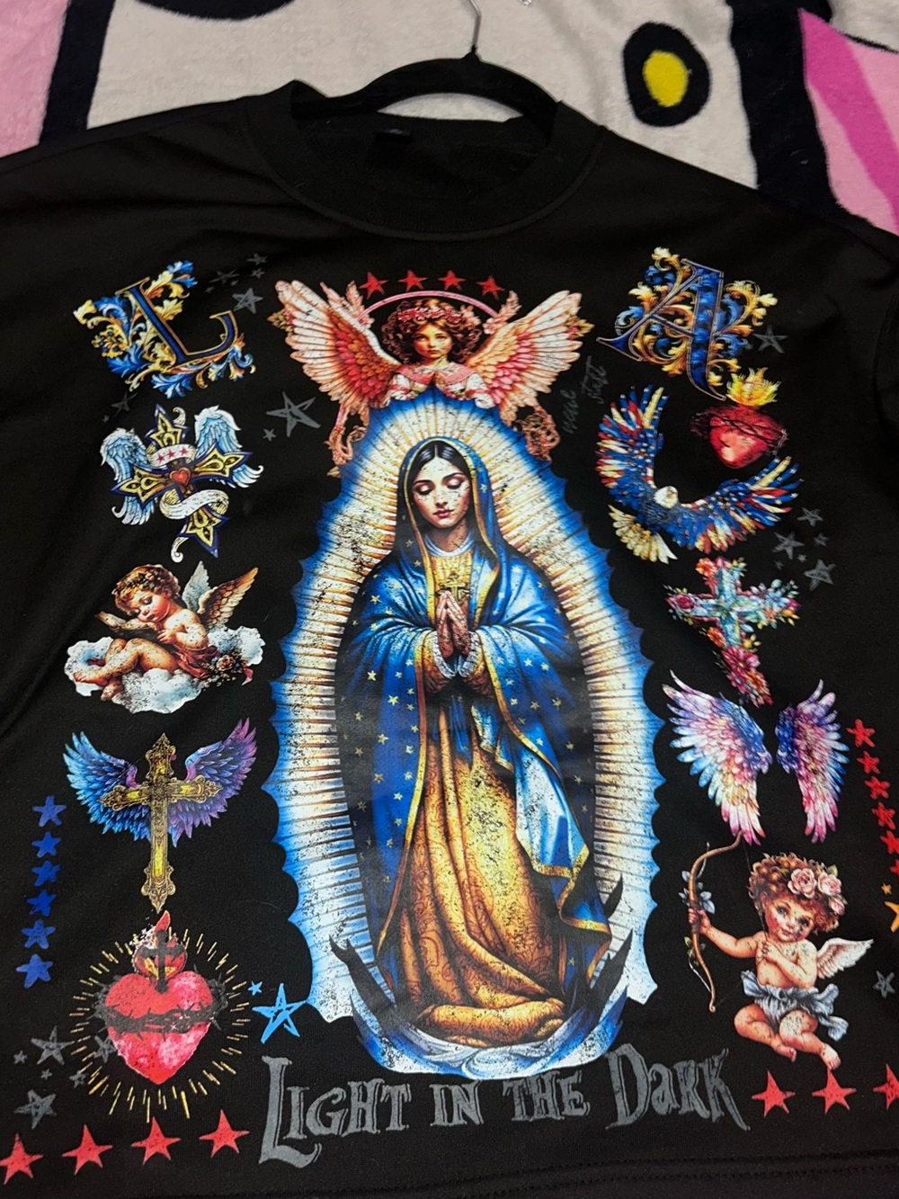 ROMWE Black Sweatshirt with Blue & Gold Religious Graphic